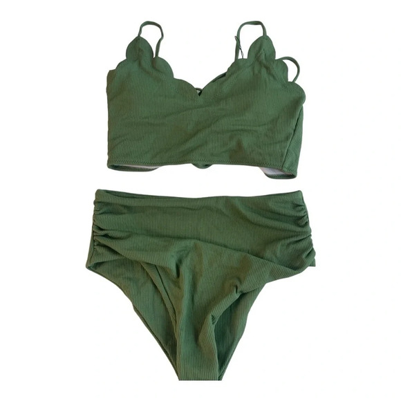 Zaful Ribbed Scalloped LaceUp TummyControl Tankini Green Size Small NWT - Picture 5 of 8